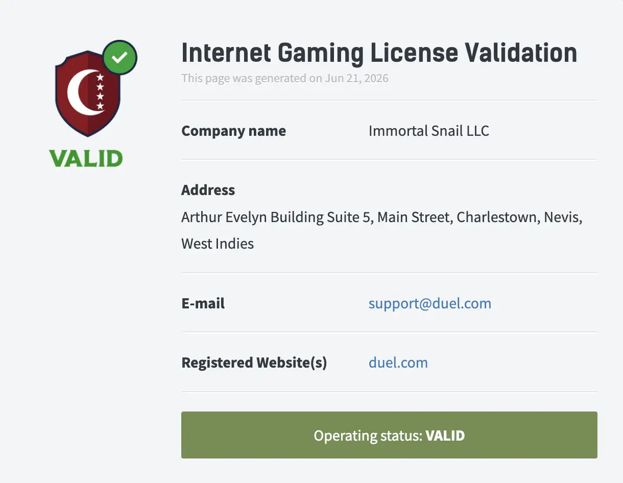 Anjouan Internet Gaming License validation for Immortal Snail LLC operating duel.com — status VALID