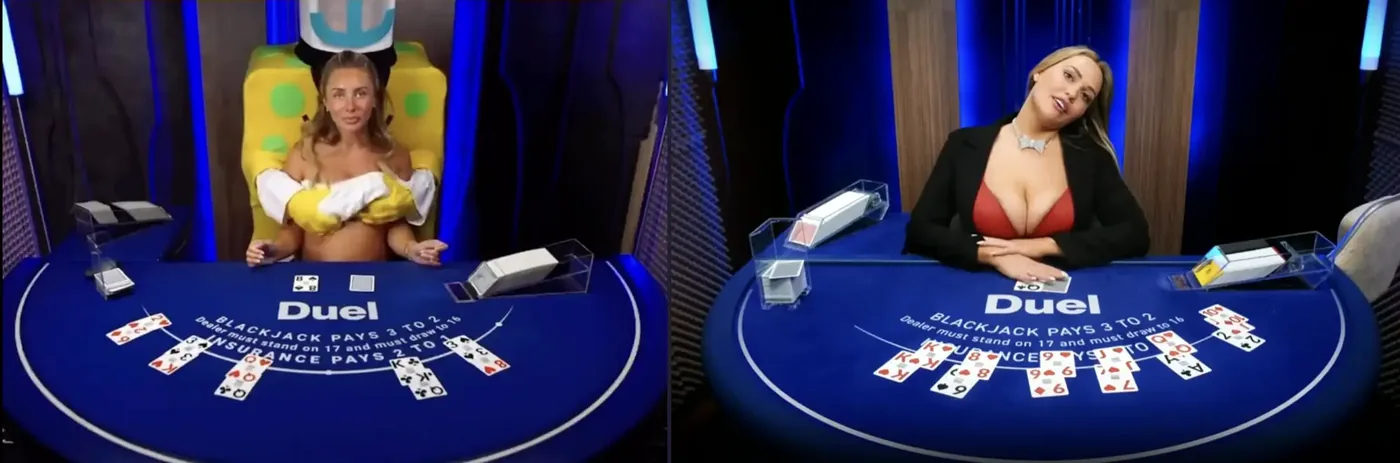 Two frames from Duel Blackjack Live: guest dealers at the blue Duel table with boxes dealt across the felt