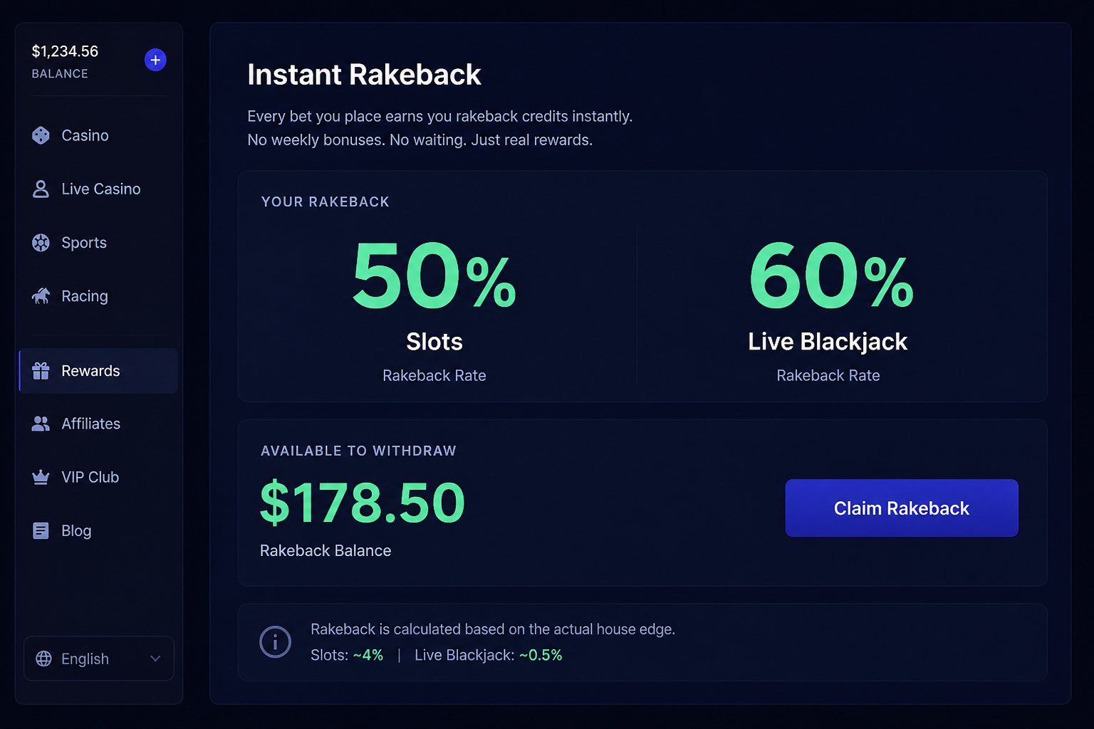 Duel Casino instant rakeback panel showing claimable crypto rewards instead of a deposit-match bonus
