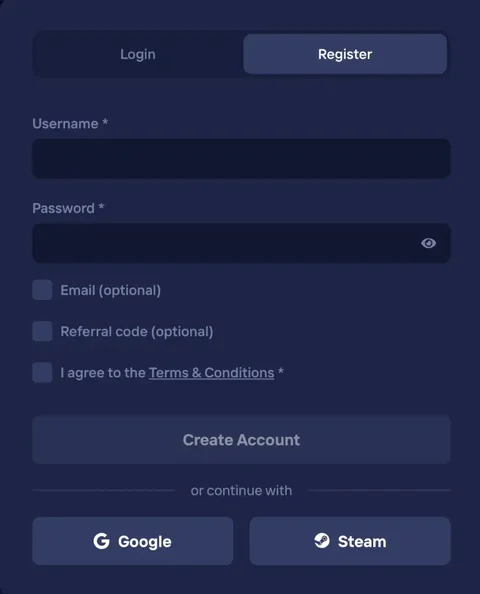 Duel Casino registration form with username, password, optional email and referral code