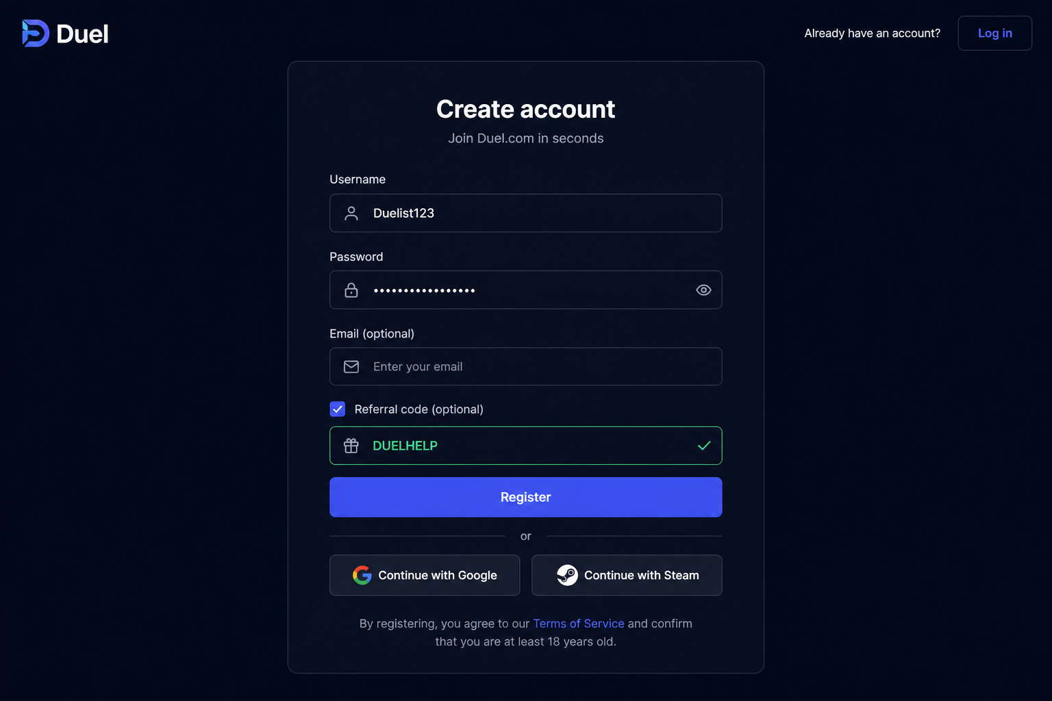 Duel.com registration screen with the Referral code field filled in as DUELHELP