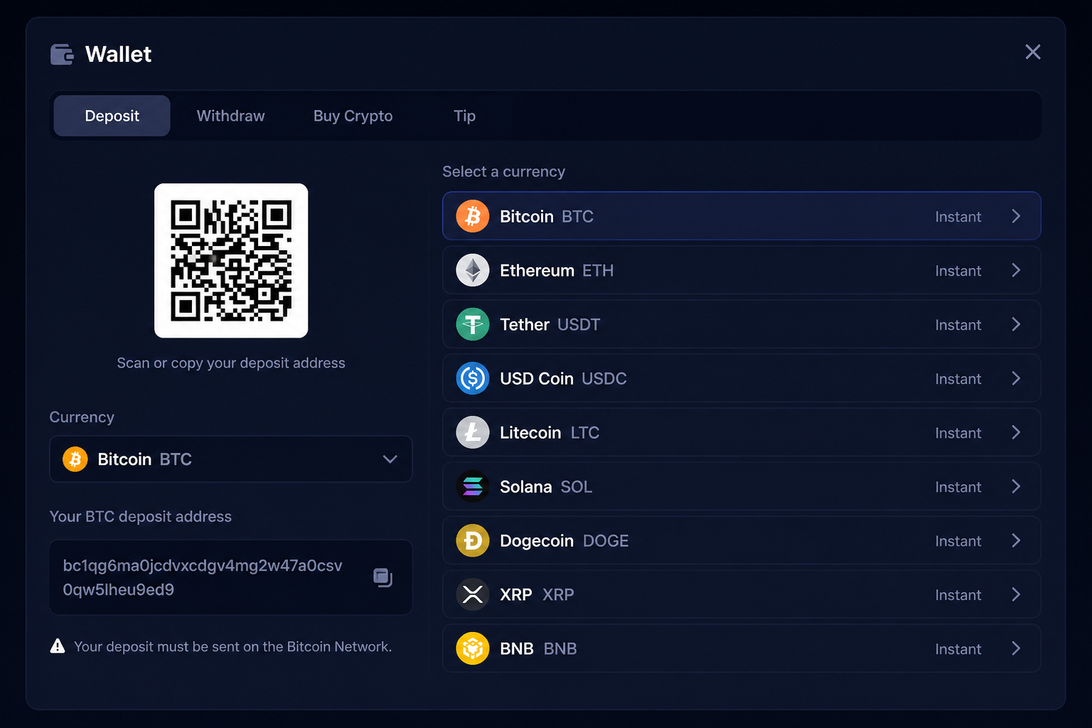 Supported cryptocurrencies at Duel Casino including Bitcoin, Ethereum, USDT and Litecoin