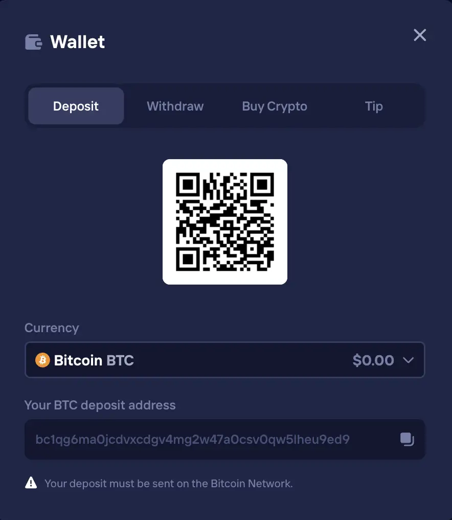 Duel Casino wallet deposit screen with Bitcoin QR code and on-chain BTC address
