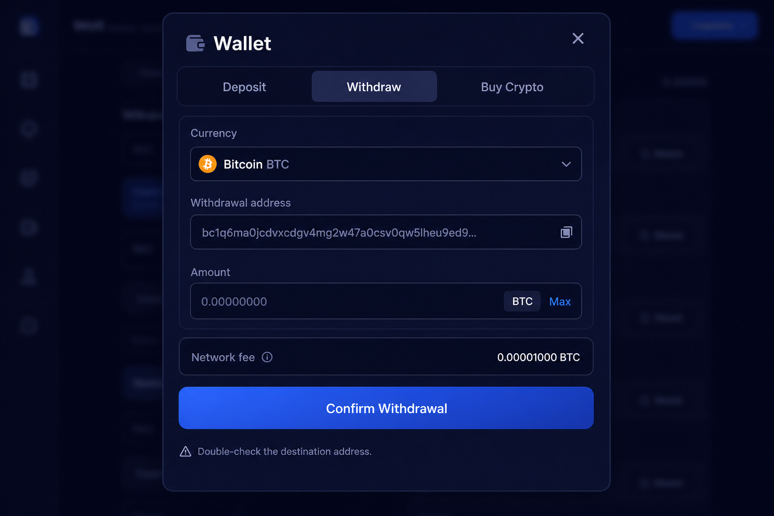 Duel Casino crypto withdrawal screen with destination address and confirm button