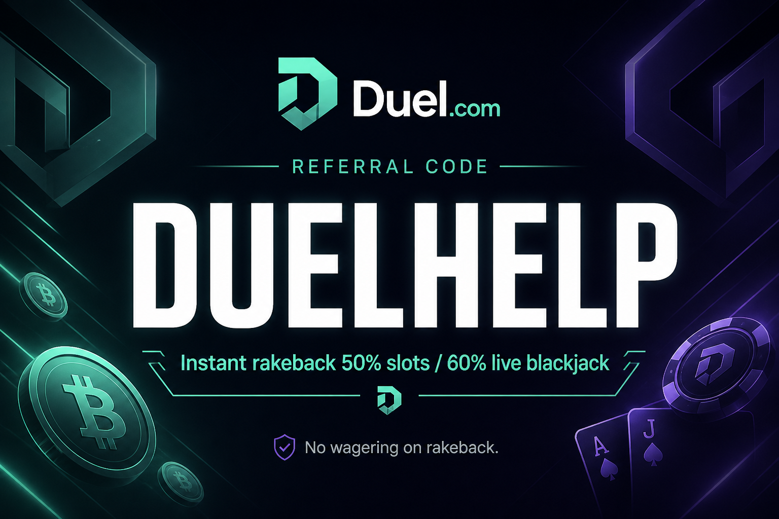 DUELHELP Duel.com referral code card showing instant rakeback of 50% on slots and 60% on live blackjack