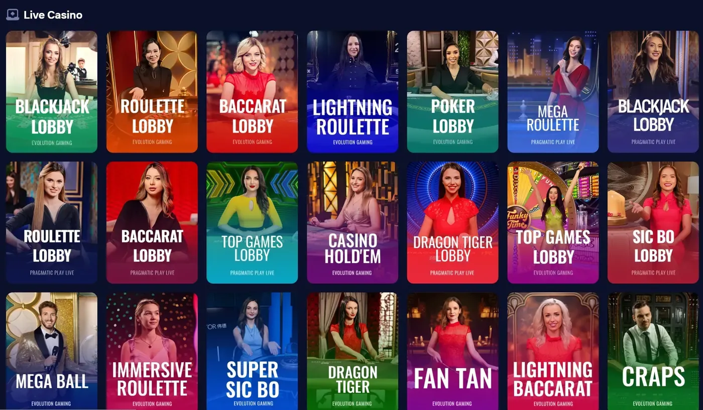 Evolution live dealer lobby at Duel Casino
