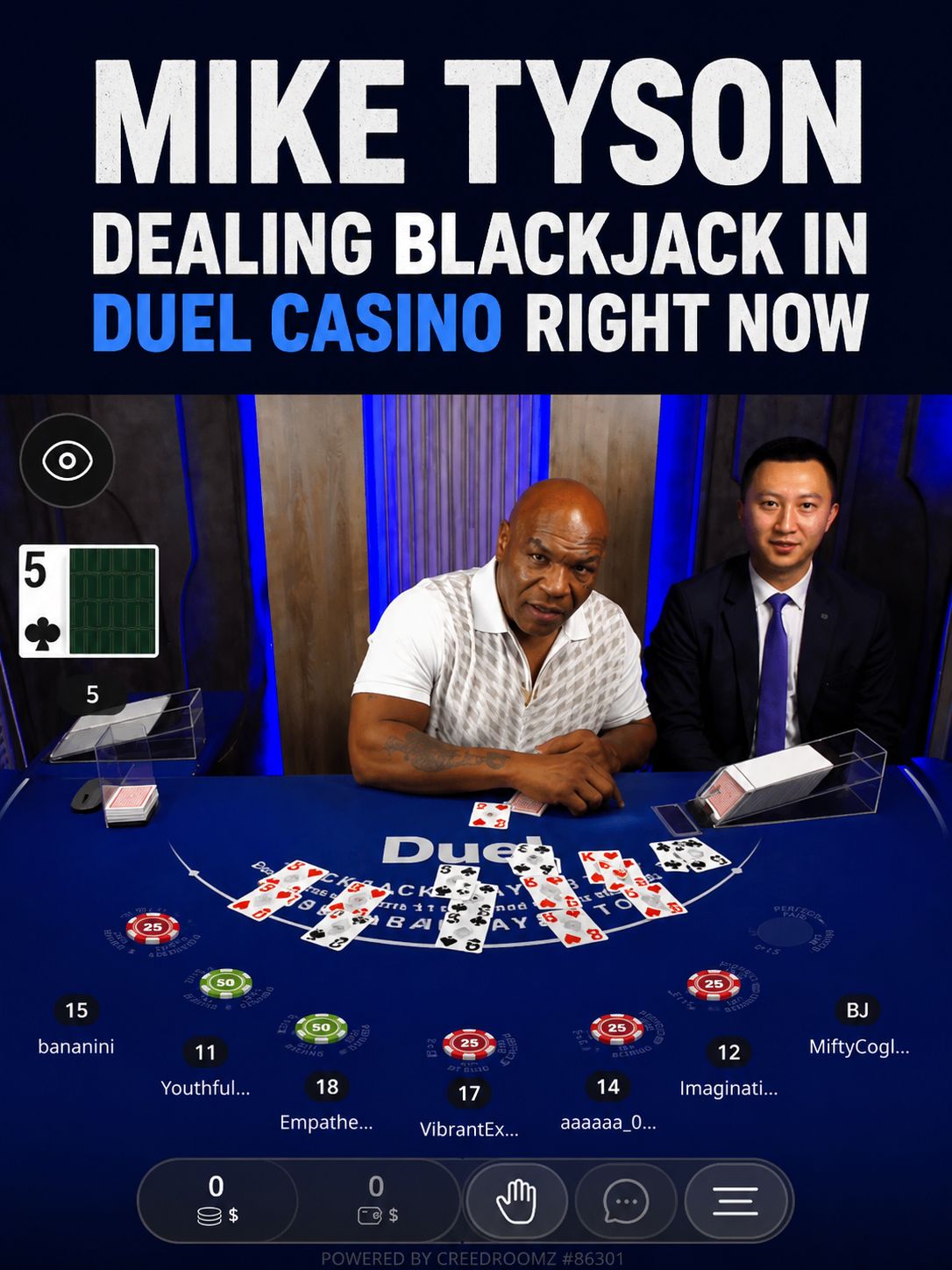 Mike Tyson dealing blackjack at the Duel Casino live table