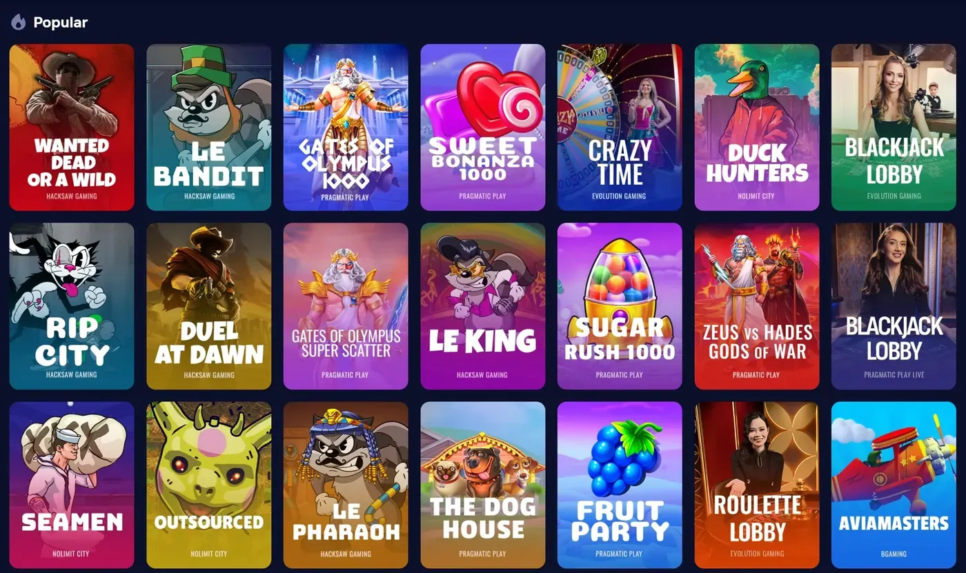 Popular crypto slots at Duel Casino including Sugar Rush and Gates of Olympus